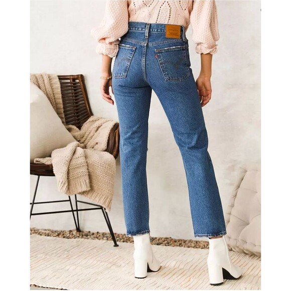 Levis Premium Womens Wedgie Straight Denim Jeans Dark Blue High Rise Button Fly - Picture 6 of 9
